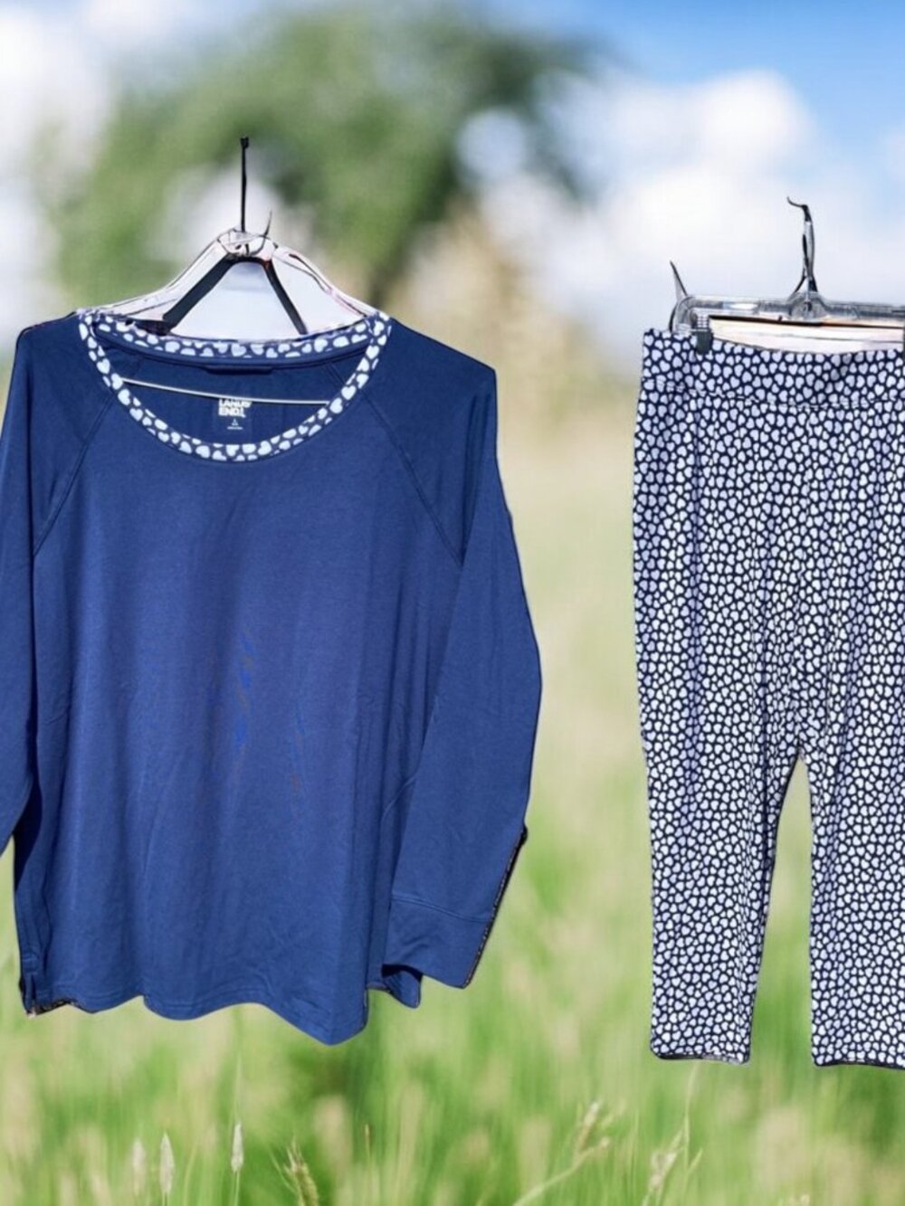 NWT Lands End Women’s LS Navy & White Heart Print Jersey Knit Pajama Set Size L